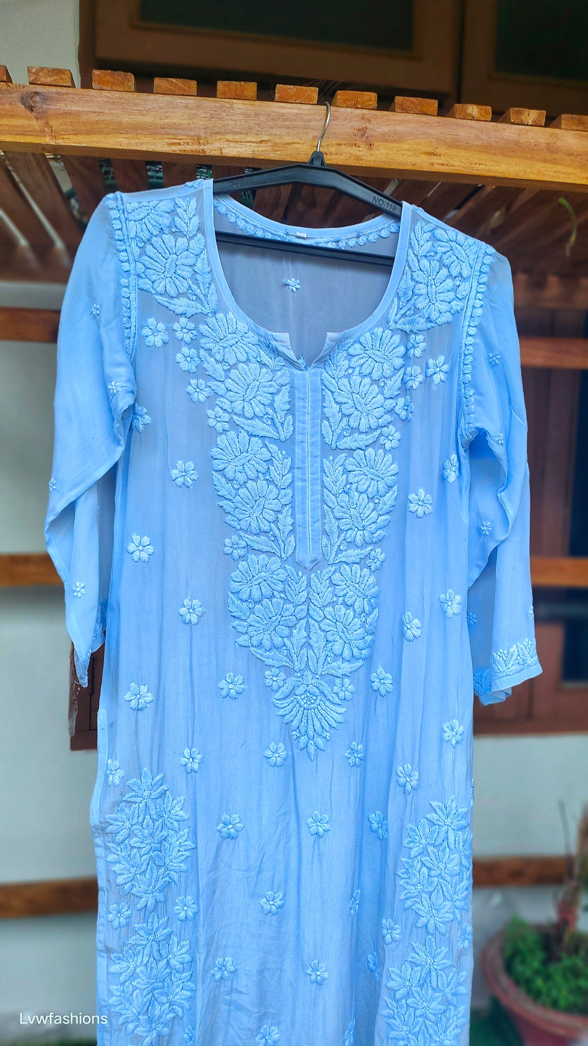 Silver blue silk Kurta with intricate Lucknow Chikankari embroidery from LVW Fashions, luxurious handmade Chikankari Kurta.