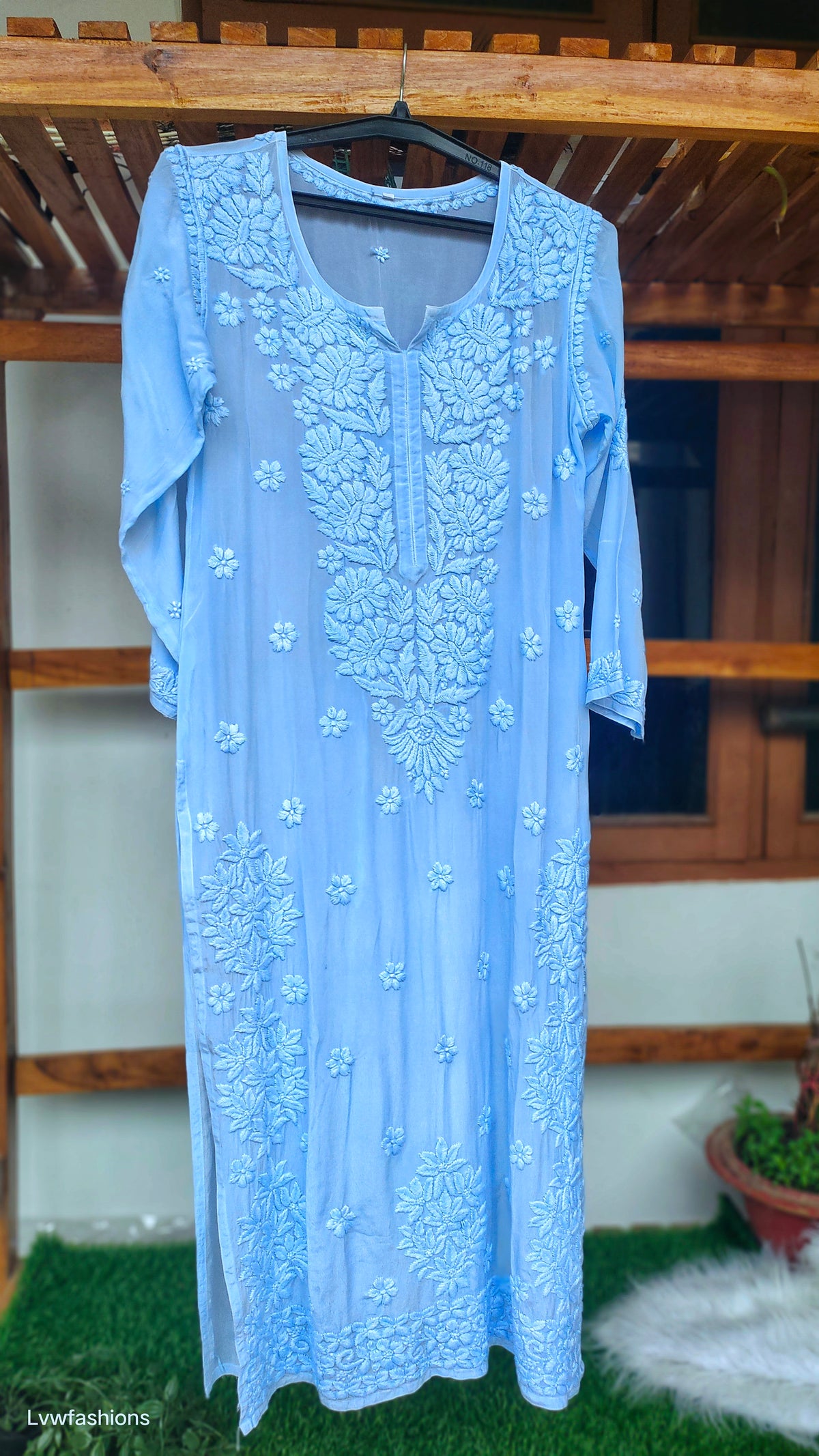 Silver blue Shahsu silk Chikankari Kurta by LVW Fashions with intricate Lucknow embroidery, luxurious handcrafted look.