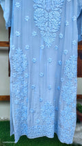 Shahsu Silver Blue premium silk Chikankari kurta by LVW Fashions, handmade Lucknow Chikankari with luxurious look and intricate embroidery.