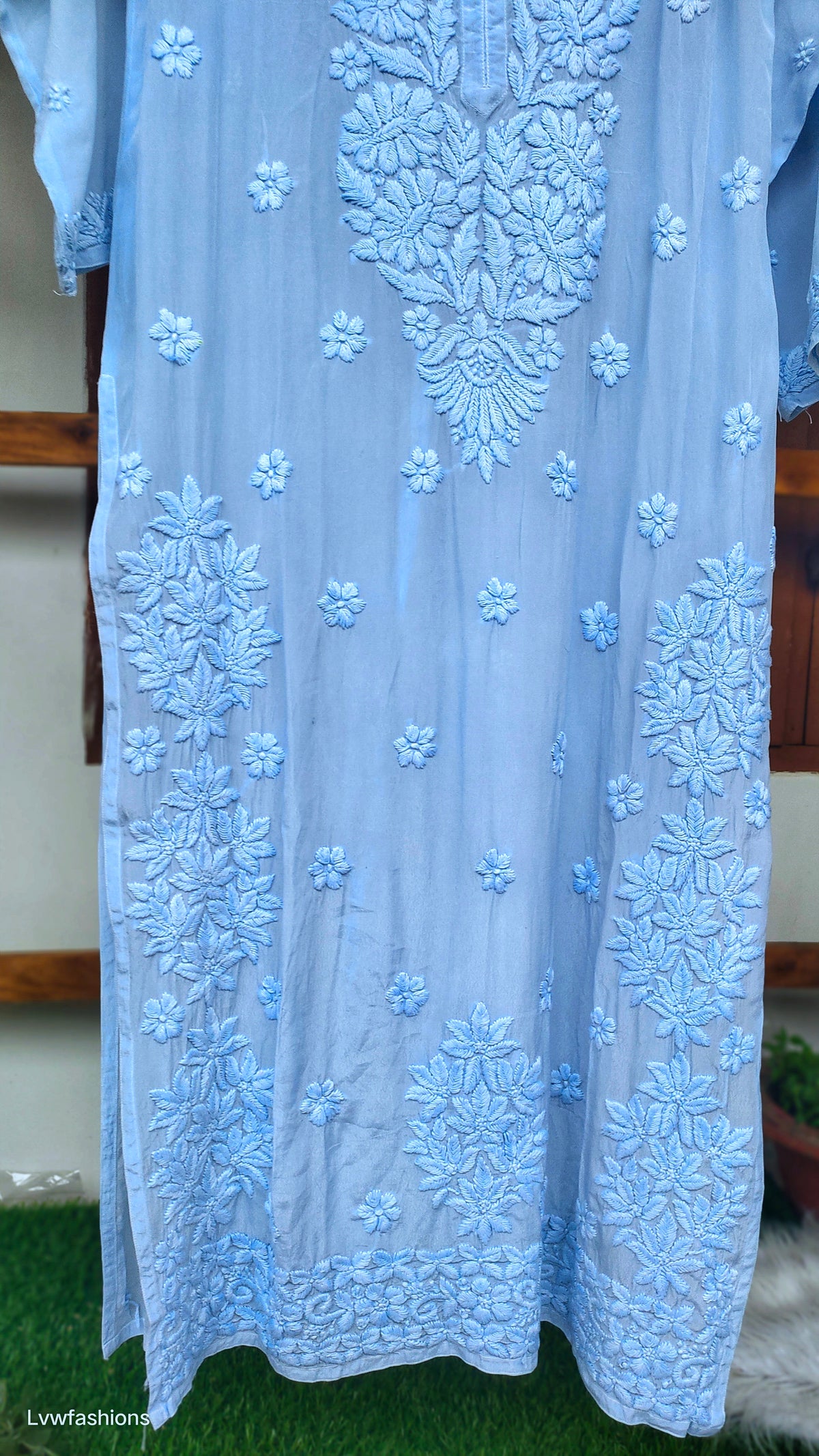 Shahsu Silver Blue premium silk Chikankari kurta by LVW Fashions, handmade Lucknow Chikankari with luxurious look and intricate embroidery.