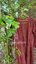 Shanaya premium georgette chikankari long kurta with intricate embroidery, neckline, and daman details, handmade Lucknow chikankari from LVW Fashions.