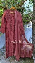 Handmade Shanaya Premium Georgette Chikankari Long Kurta with intricate neck and Daman embroidery, showcasing traditional Lucknow craftsmanship.