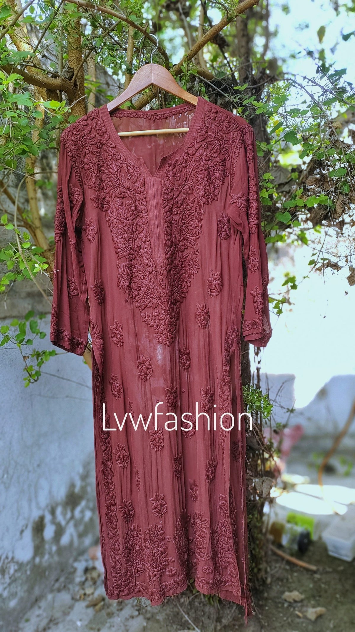 Shanaya premium georgette long kurta with intricate chikankari embroidery, neck detailing, and daman embroidery, handmade in Lucknow.