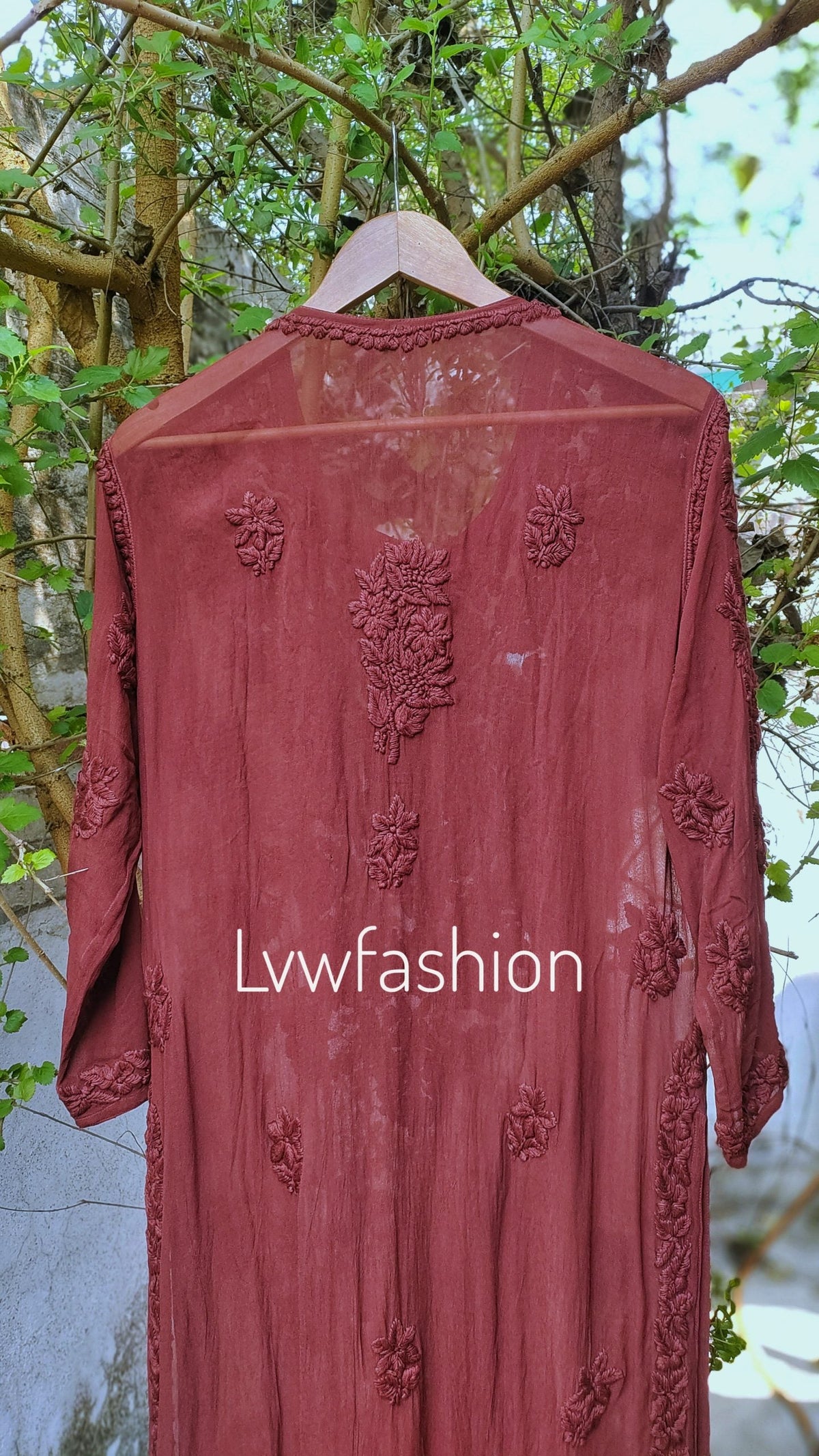 Shanaya Premium Georgette Chikankari Long Kurta with intricate neck Daman embroidery, handmade Lucknow Chikankari by LVW Fashions.