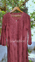 Shanaya Premium Georgette Chikankari Long Kurta with neck and daman embroidery, handmade Lucknow chikankari by LVW Fashions.