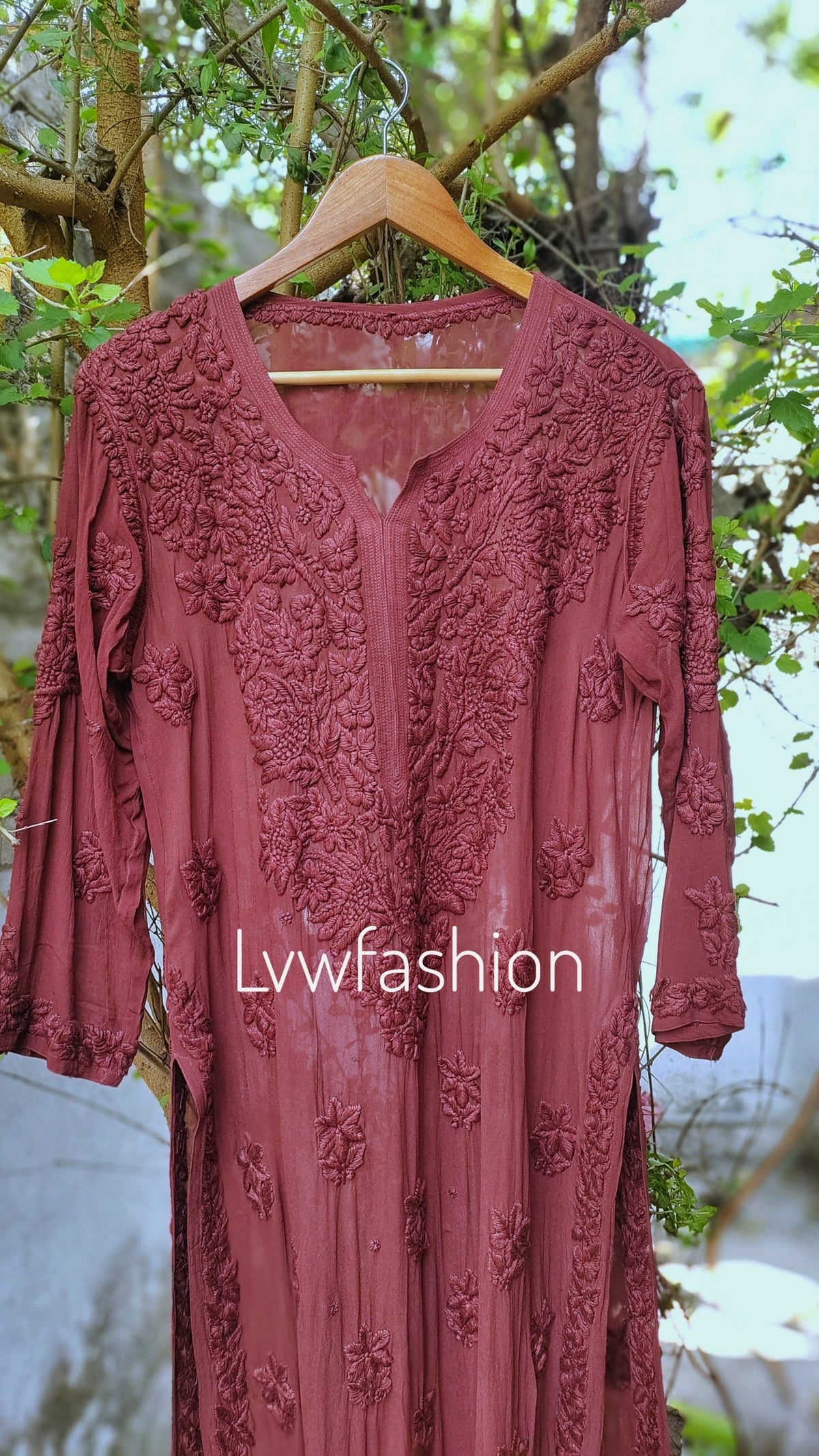Shanaya Premium Georgette Chikankari Long Kurta with neck and daman embroidery, handmade Lucknow chikankari by LVW Fashions.