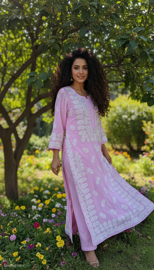 Shanaya Premium Georgette Chikankari Long Kurta with intricate embroidery, neck Daman design, handmade by LVW Fashions.
