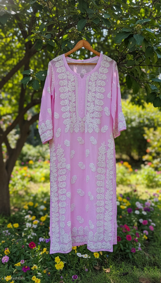 Shanaya Premium Georgette Chikankari Long Kurta with intricate embroidery, neck design, and Daman detailing from LVW Fashions.