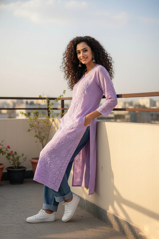 Shanaya Premium Georgette Chikankari Long Kurta with intricate embroidery, neckline, and daman detail from LVW Fashions.