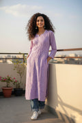 Shanaya Premium Georgette Chikankari Long Kurta with intricate embroidery, neck Daman detail, handmade Lucknow Chikankari style.