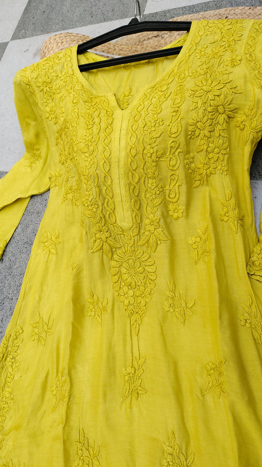 Handmade Shanaya premium georgette chikankari long kurta with intricate embroidery and neck daman from LVW Fashions, Lucknow Chikankari.