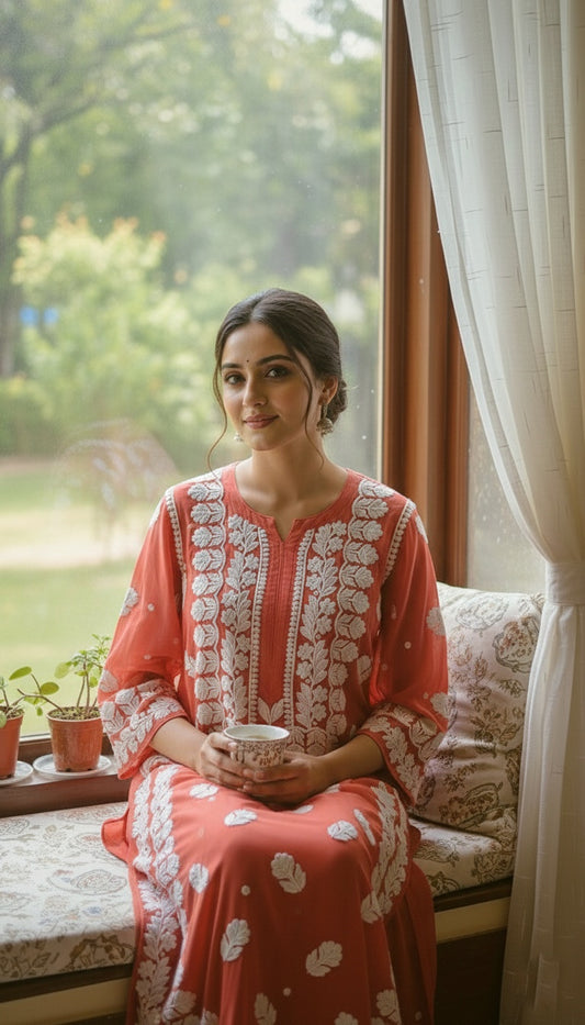 Shanaya premium georgette long kurta with intricate Lucknow chikankari embroidery and neck daman detail, handmade by LVW Fashions.
