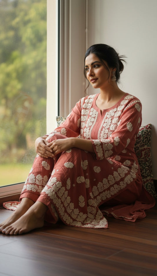 Shanaya premium georgette long kurta with intricate Chikankari embroidery, neck daman detail, handmade by LVW Fashions.