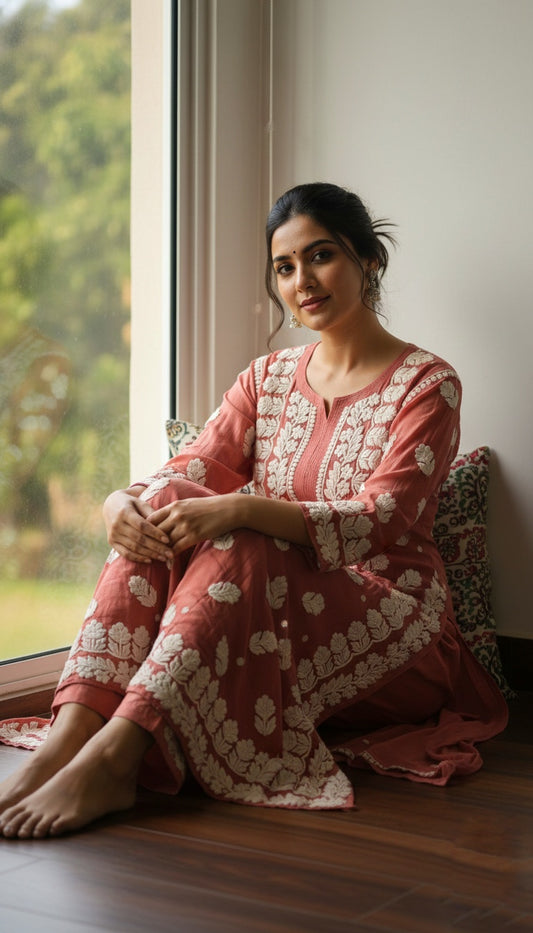 Shanaya Premium Georgette Chikankari long kurta with intricate embroidery and neck daman, handmade by LVW Fashions in Lucknow style.