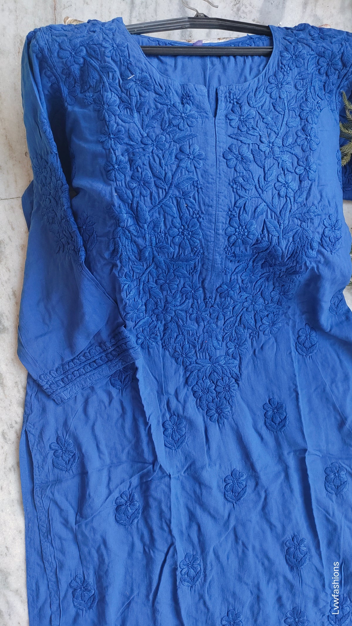 Shehrish Premium Modal Chikankari Long Kurta by LVW Fashions featuring intricate Lucknow Chikankari embroidery and handmade design.