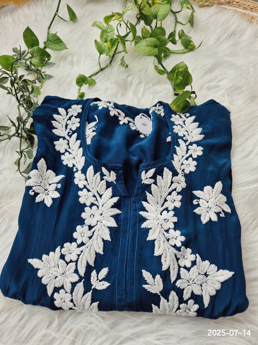 Shine Blue premium silk long kurti with intricate handmade Lucknow chikankari embroidery for women, by LVW Fashions.