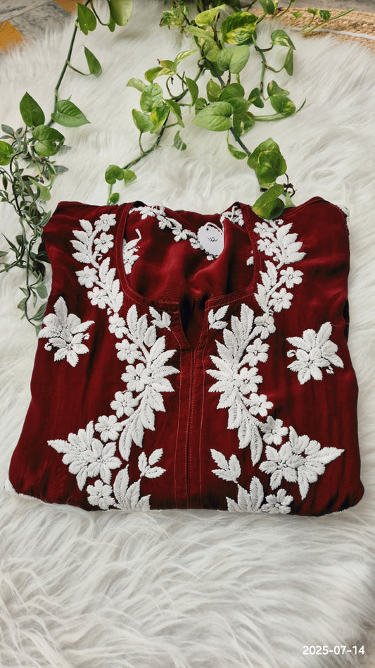 Maroon Shine premium silk long Kurti with intricate Lucknow Chikankari embroidery, luxurious handmade women’s kurta by LVW Fashions.