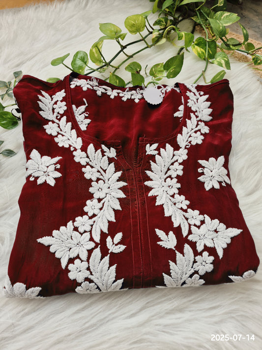 Maroon silk long kurti with intricate white Chikankari embroidery by LVW Fashions, luxurious handmade Lucknow chikankari for women