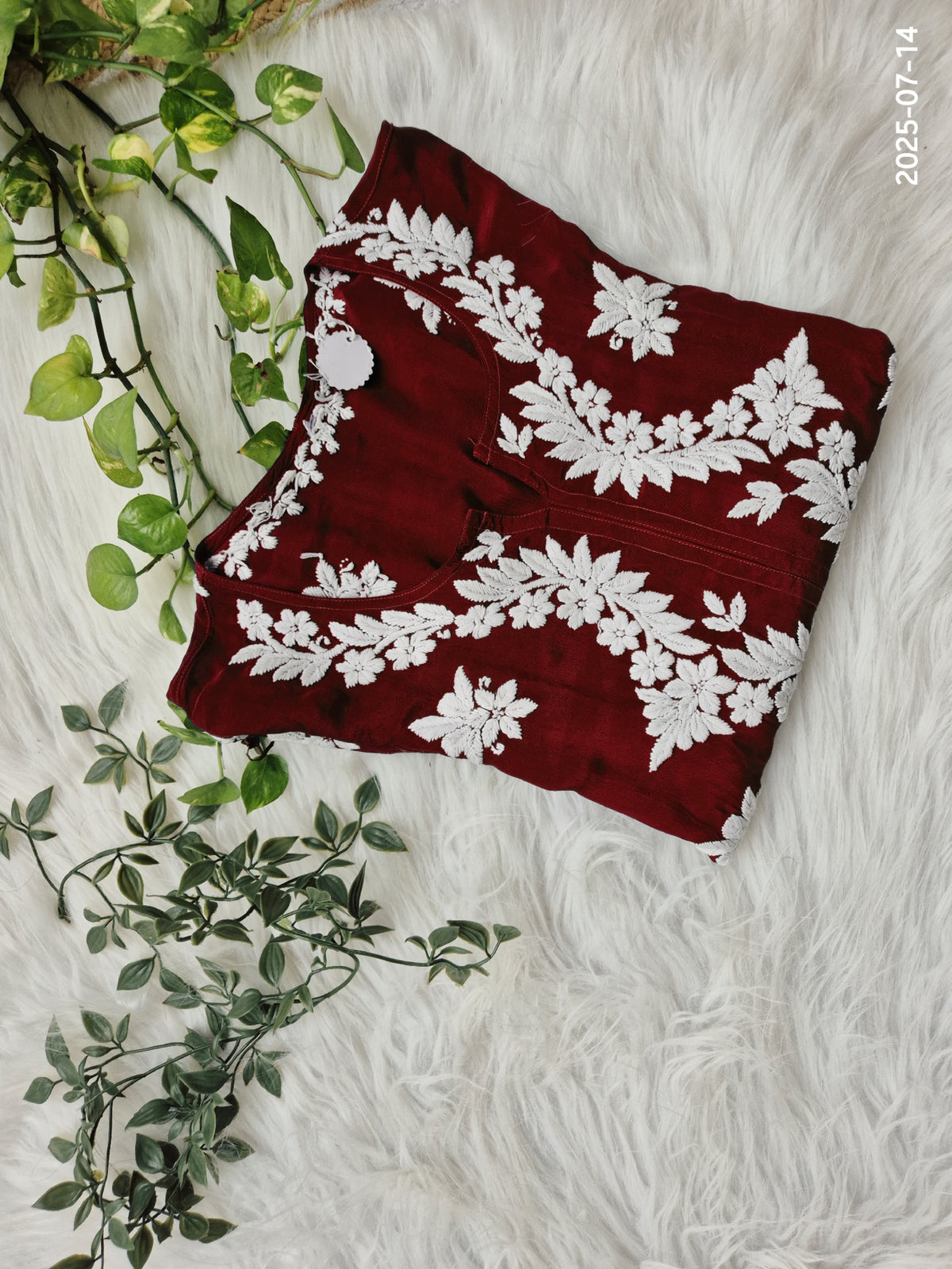 Maroon silk long kurti with intricate chikankari embroidery, handmade by LVW Fashions, luxurious traditional Lucknow Chikankari for women.