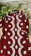 Maroon Shine premium silk long kurti with intricate deep red Chikankari embroidery, handmade by LVW Fashions, traditional Lucknow style.