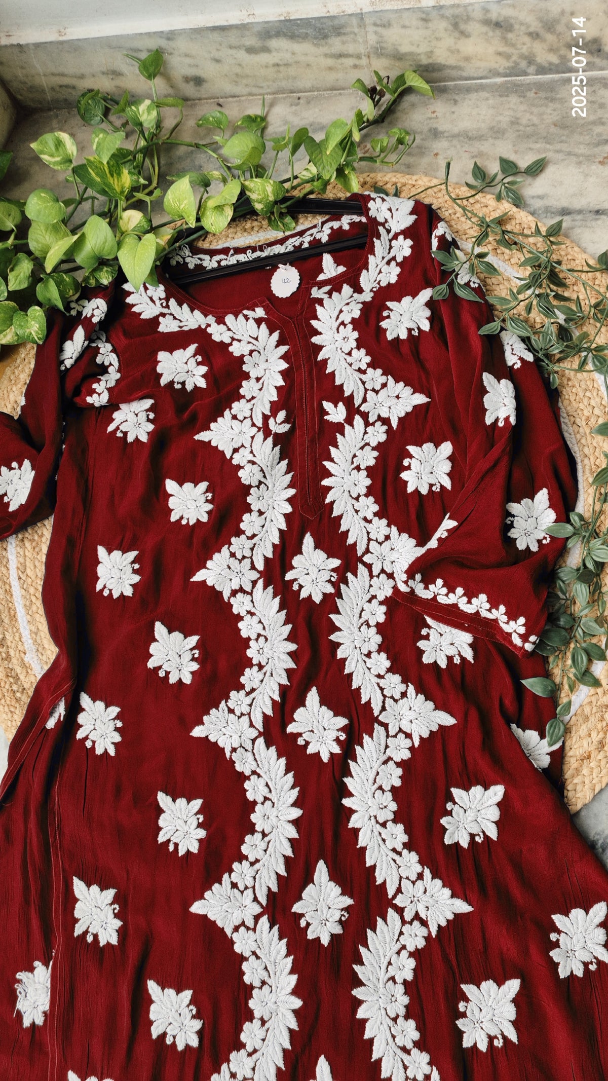 Maroon Shine premium silk long kurti with intricate deep red Chikankari embroidery, handmade by LVW Fashions, traditional Lucknow style.