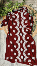 Maroon Silk Chikankari Kurti for women, luxurious long kurti with intricate handmade Lucknow Chikankari by LVW Fashions.
