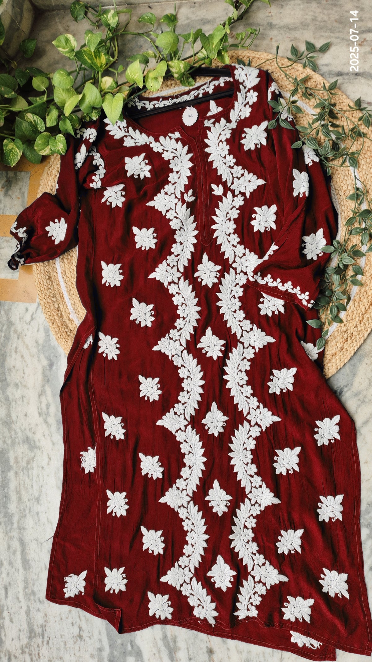 Maroon Silk Chikankari Kurti for women, luxurious long kurti with intricate handmade Lucknow Chikankari by LVW Fashions.