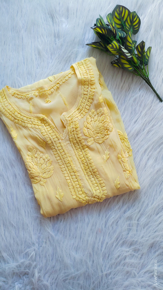 Shine yellow premium silk chikankari long kurta by LVW Fashions featuring intricate handmade Lucknow chikankari embroidery.