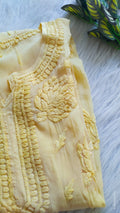 Shine Yellow premium silk long Chikankari kurta by LVW Fashions featuring intricate handmade Lucknow embroidery.