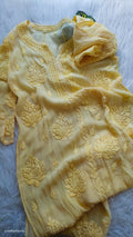 Shine yellow premium silk long kurta with intricate handmade Lucknow chikankari embroidery by LVW Fashions.