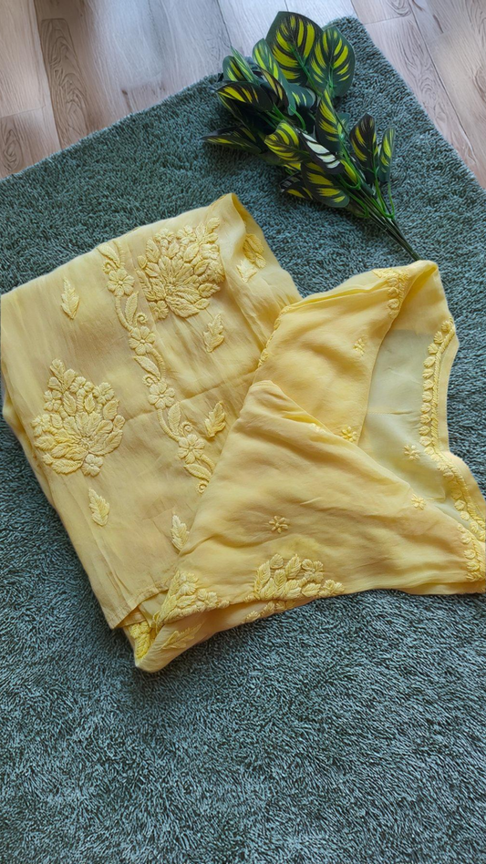 Shine Yellow premium silk long Kurta with intricate handmade Lucknow Chikankari by LVW Fashions, showcasing detailed embroidery and elegant design.