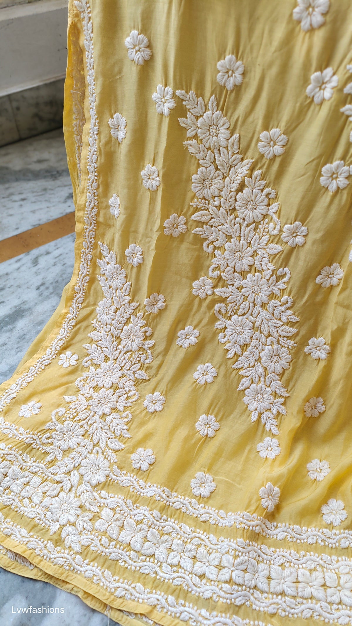 Handmade silk long kurta with Lucknow chikankari panel embroidery by LVW Fashions, showcasing intricate traditional embroidery design.