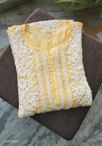Handmade silk Chikankari kurta with intricate panel embroidery, long style, from LVW Fashions featuring traditional Lucknow Chikankari design.