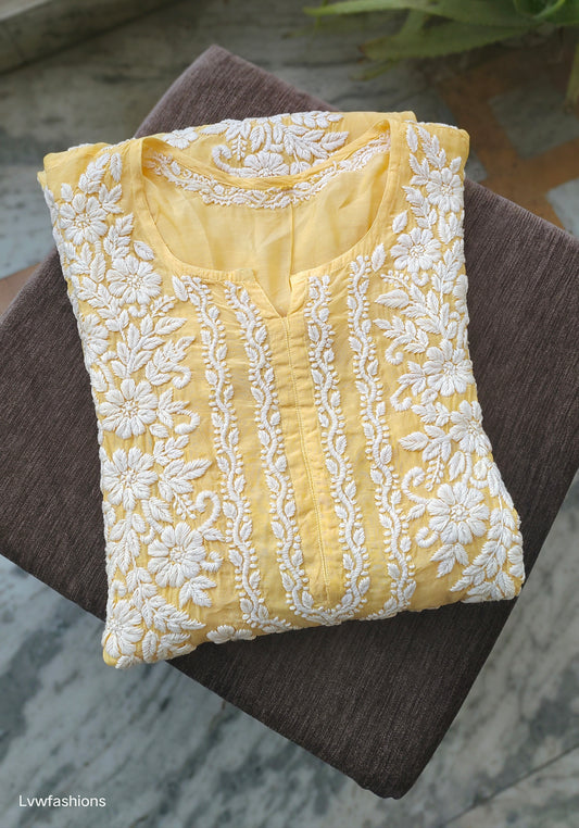 Handmade silk Chikankari kurta with intricate panel embroidery, long style, from LVW Fashions featuring traditional Lucknow Chikankari design.