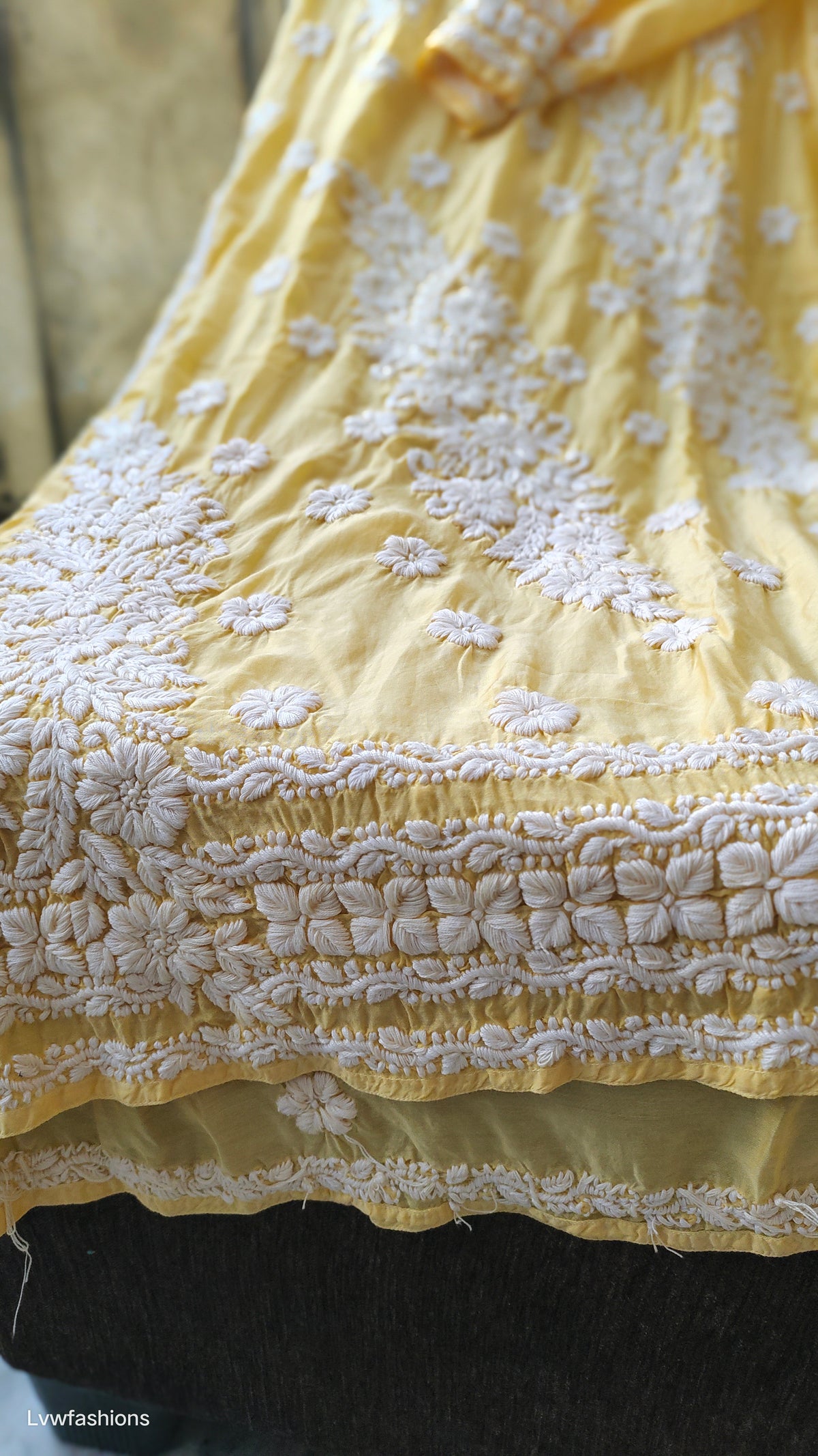 Handmade silk Chikankari long kurta with intricate panel embroidery from LVW Fashions, featuring traditional Lucknow Chikankari design.