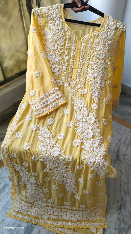 Handmade silk Chikankari long kurta with intricate panel embroidery, traditional Lucknow Chikankari design by LVW Fashions.