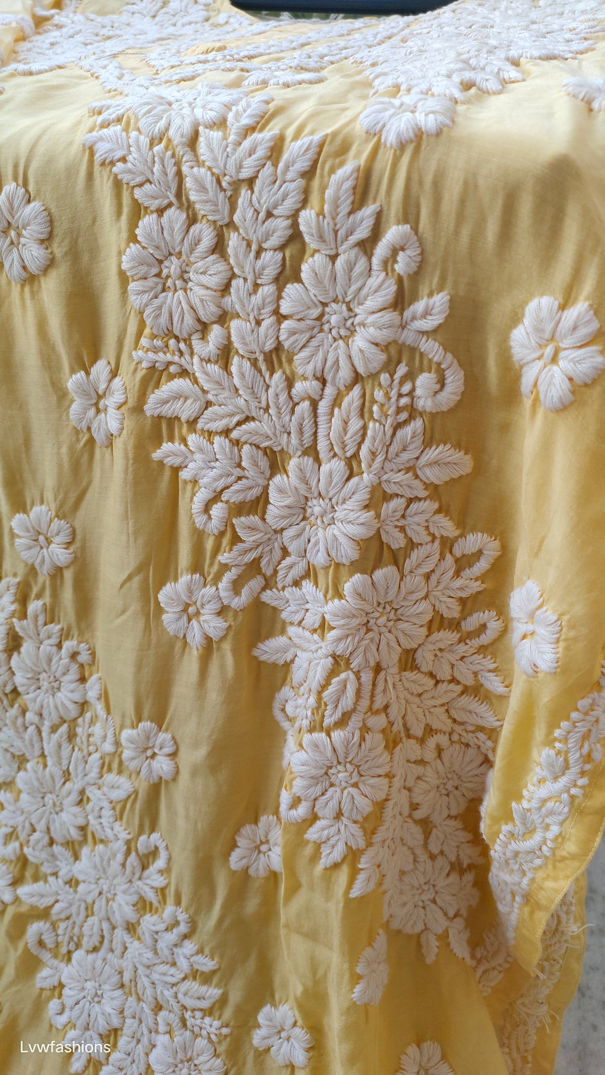 Handmade silk Chikankari kurta with panel embroidery from LVW Fashions, featuring intricate Lucknow Chikankari long kurta design.
