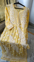 Handmade silk Chikankari long kurta with intricate panel embroidery from LVW Fashions, featuring traditional Lucknow Chikankari design.