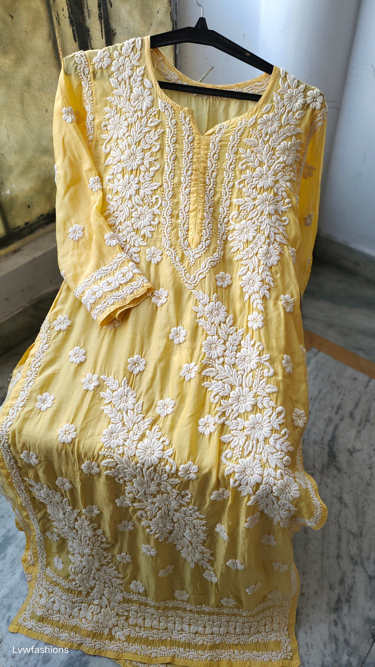 Handmade silk Chikankari long kurta with intricate panel embroidery from LVW Fashions, featuring traditional Lucknow Chikankari design.