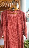Handmade silk chocolate Daman neck Chikankari Kurta by LVW Fashions, featuring intricate embroidery on muslin silk fabric.