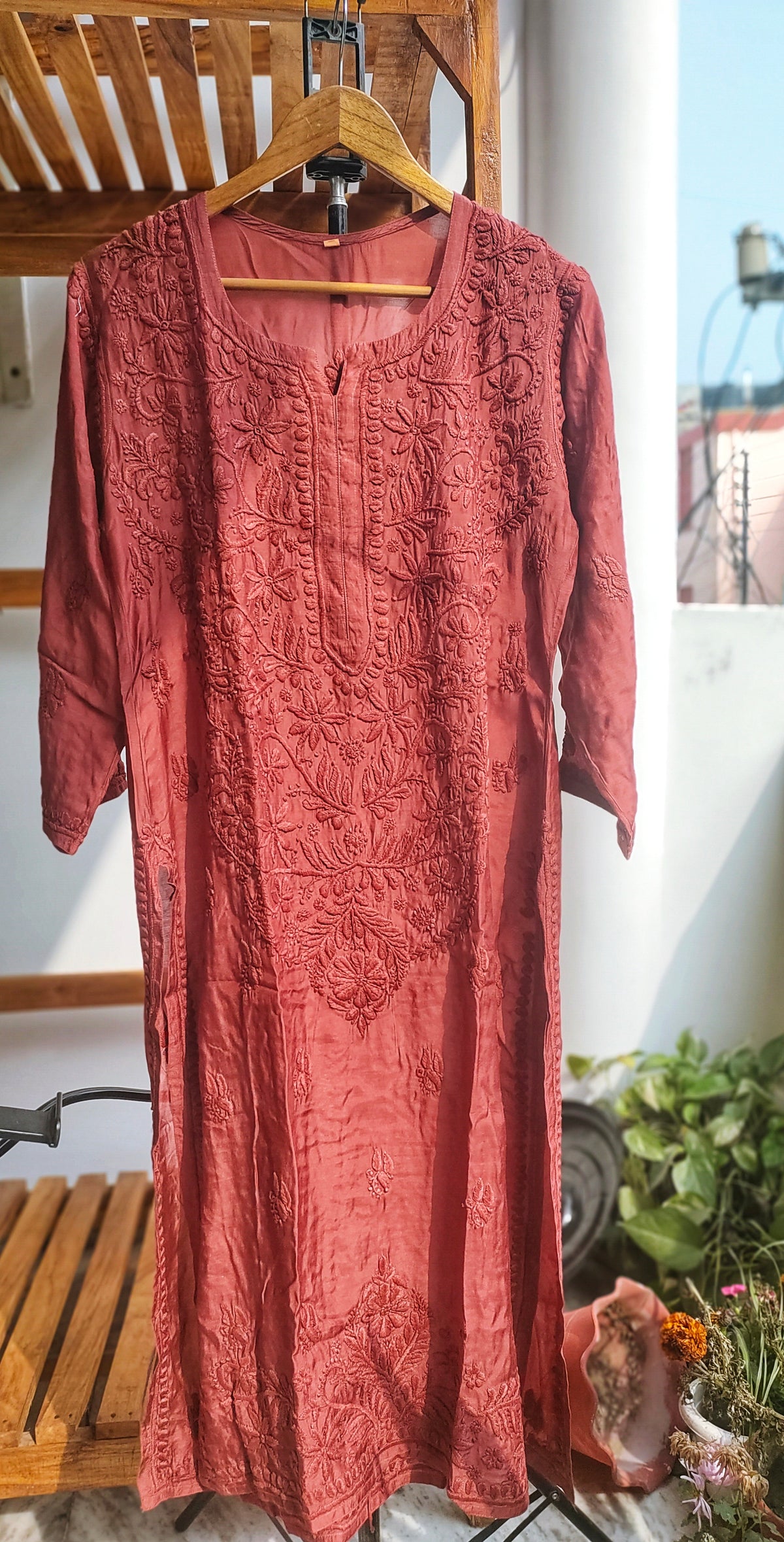 Handmade silk chocolate Daman neck Chikankari embroidery kurta by LVW Fashions, crafted from muslin silk with intricate Lucknow Chikankari.