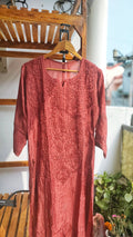 Silk chocolate Daman neck Chikankari embroidery kurta by LVW Fashions, handmade muslin silk with intricate Lucknow Chikankari.
