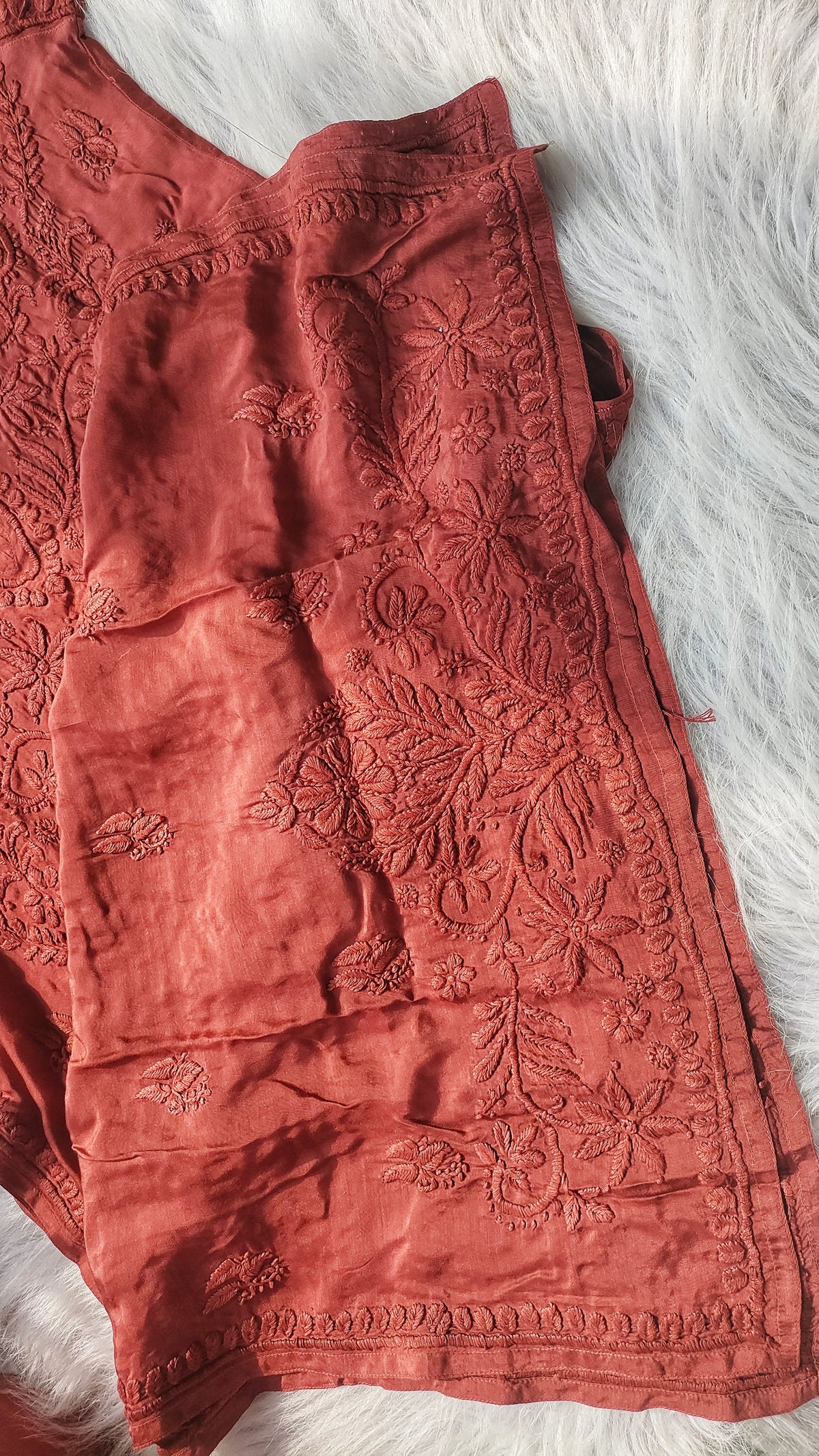Silk chocolate Daman neck kurta by LVW Fashions with intricate handmade Lucknow Chikankari embroidery on muslin silk fabric.