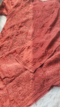 Handmade silk chocolate Daman Neck Chikankari embroidery kurta by LVW Fashions, featuring intricate Lucknow Chikankari on muslin silk.