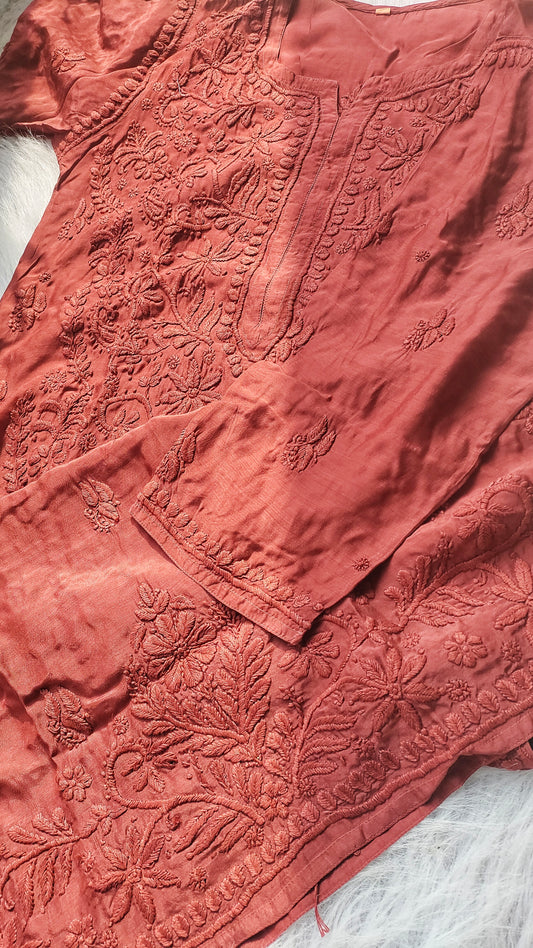 Handmade silk chocolate Daman Neck Chikankari embroidery kurta by LVW Fashions, featuring intricate Lucknow Chikankari on muslin silk.
