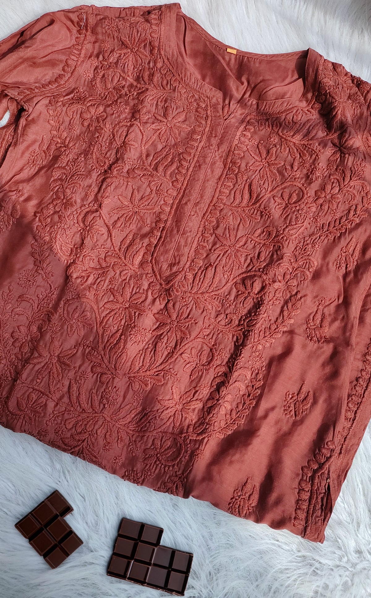 Silk chocolate Daman neck Chikankari embroidery kurta by LVW Fashions, handmade Muslin Silk with intricate Lucknow Chikankari design.
