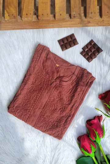 Silk chocolate Daman neck Chikankari embroidery kurta by LVW Fashions, handmade Muslin silk with intricate Lucknow Chikankari.