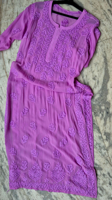 Purple Sofia Pulm long Kurti in premium Georgette with intricate Lucknow Chikankari embroidery by LVW Fashions.