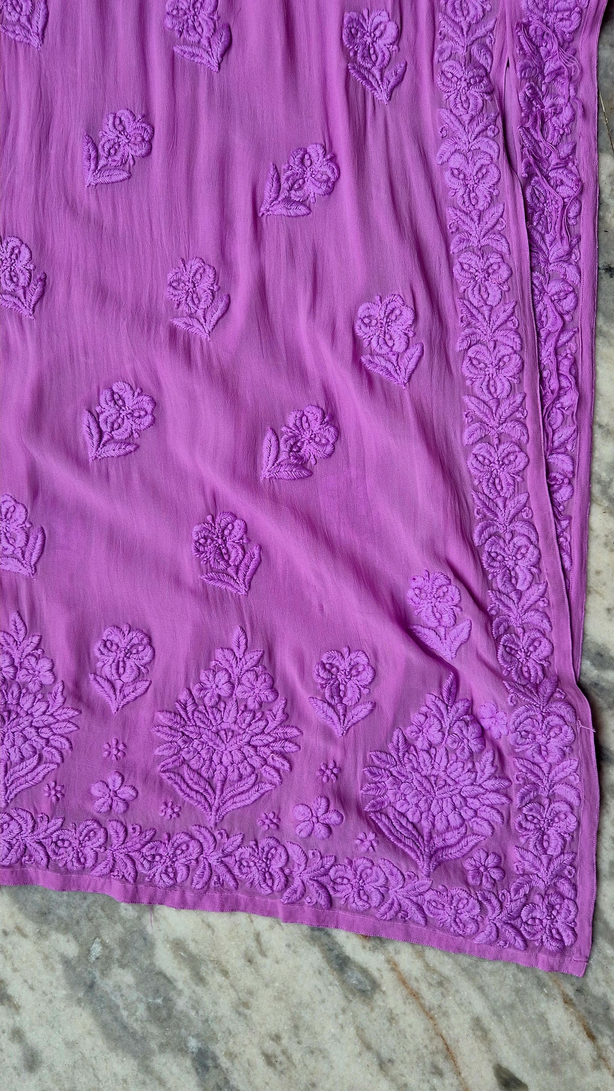 Purple Sofia Pulm long Kurti in premium georgette with intricate handmade Lucknow Chikankari from LVW Fashions.