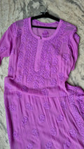 Purple Sofia Pulm long kurti in premium georgette with intricate handmade Lucknow Chikankari embroidery, by LVW Fashions.